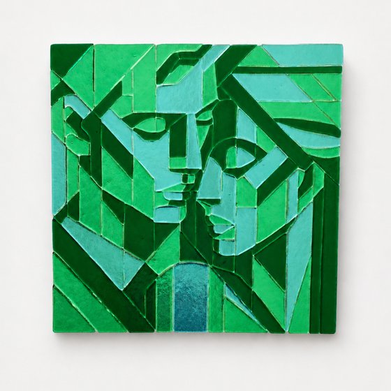 Green Lovers, Fused Glass Portrait
