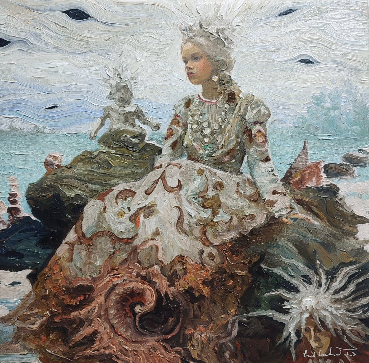 Surrealistic Portrait Oil Painting By Pavel Guliaev, 20 X 20", "Lake Maiden", Original Artwork