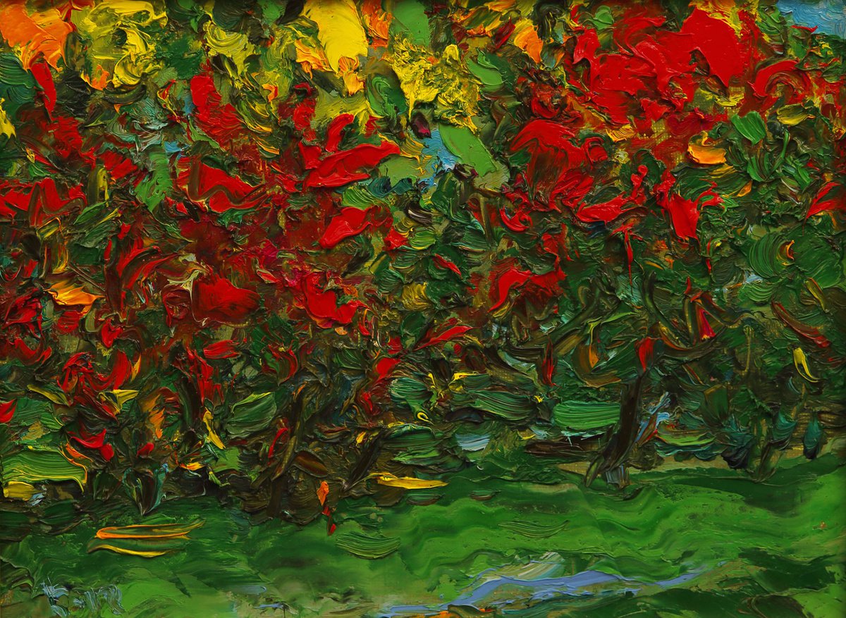 AUTUMN - original oil painting, green red coloured pond leaves, small size by Karakhan