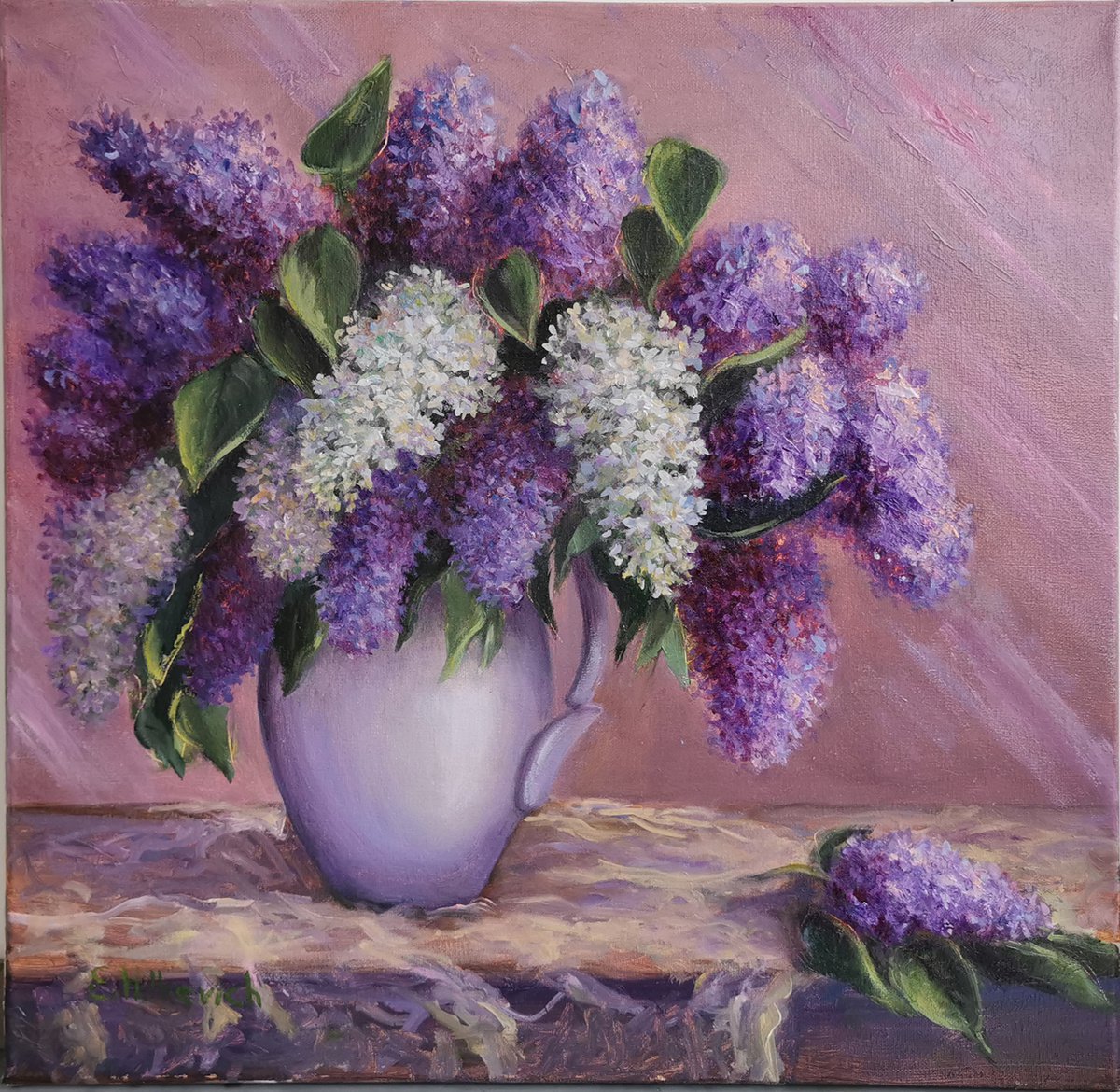 Lilac in Vase oil painting, size 50 x 50 cm by Elvira Hilkevich