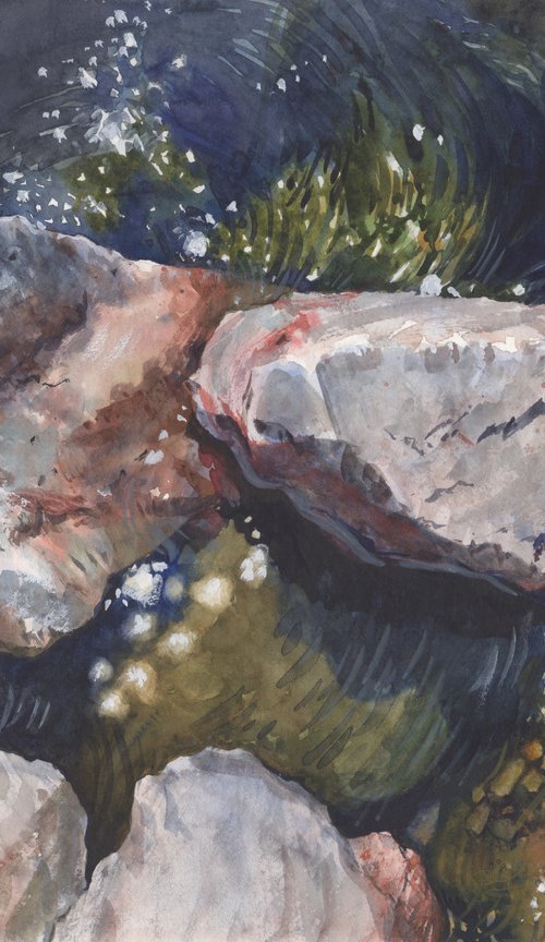 Stones in water - original one of a kind unique realistic romantic watercolor by Samira Yanushkova