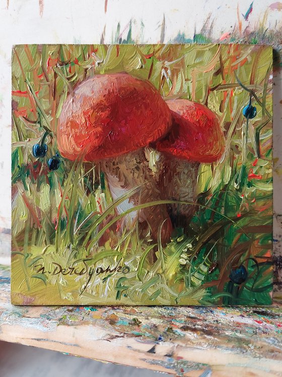 Mushroom painting original oil small framed art, artwork Red boletus Mushroom gift cute little painting