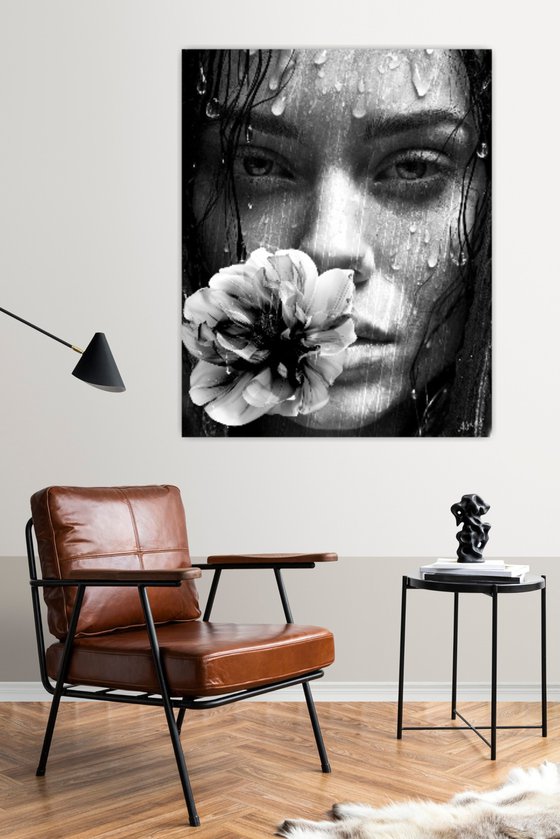 Girl with Flower in the Rain
