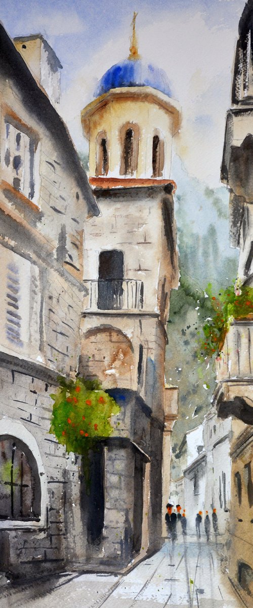 Narrow streets of Kotor old town Montenegro 23x54cm 2020 by Nenad Kojić watercolorist