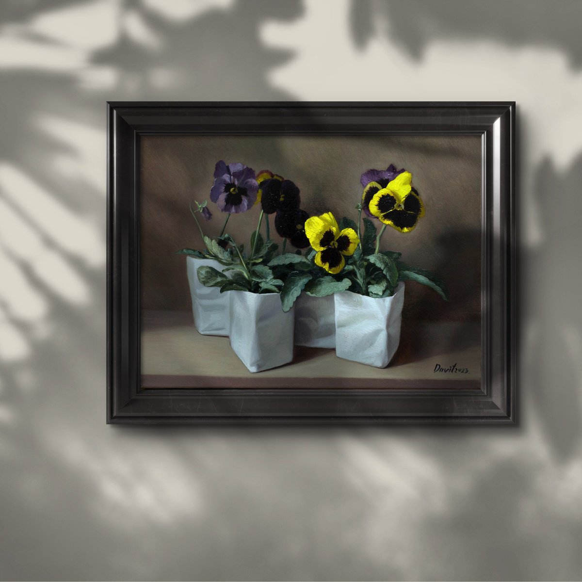 Photorealistic Botanical Oil Painting By Davit Davtyan, 16 X 12, Pancies Small, Original Artwork