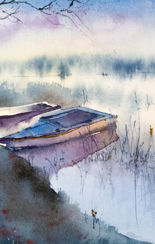 Quiet evening on the lake. Original watercolor picture. by Marina Abramova