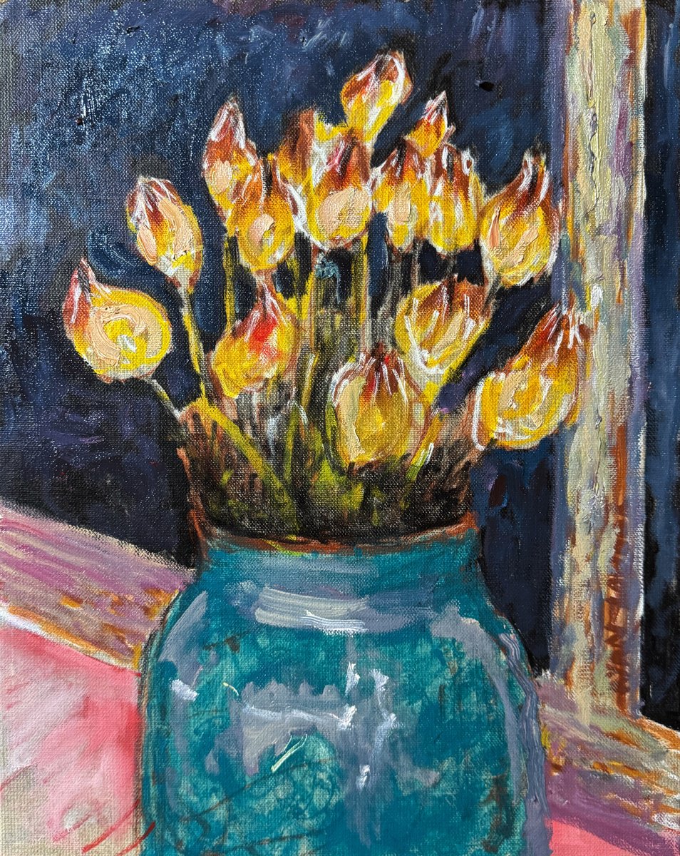 Expressive Botanical Oil Painting By Ryan Louder, 12 X 16", Tulips At Dawn, Original Artwork