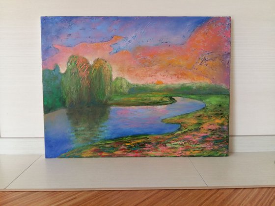 Painting Landscape Summer. Willows. Original art, 80×60 cm, FREE SHIPPING / sunset / decor / present