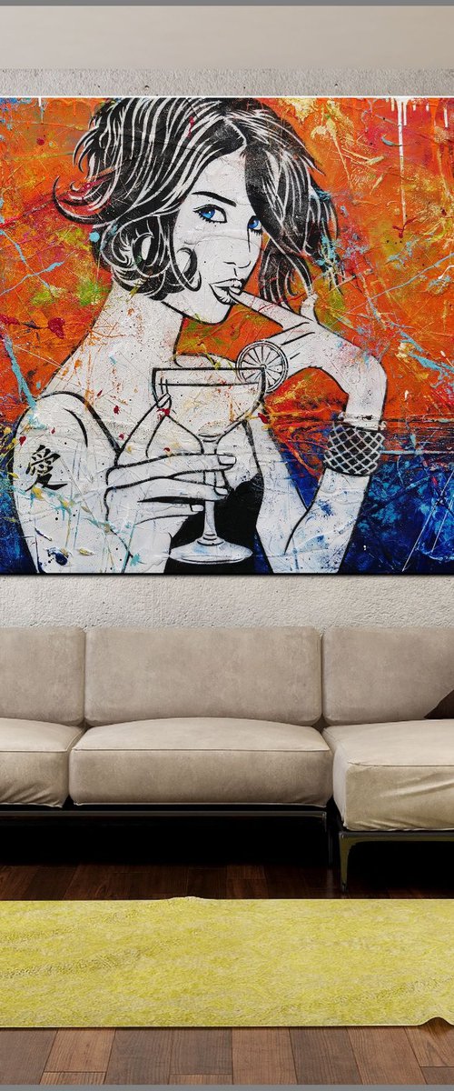 Lime Citrus 200cm x 120cm Cocktail Girl Textured Urban Pop Art by Franko