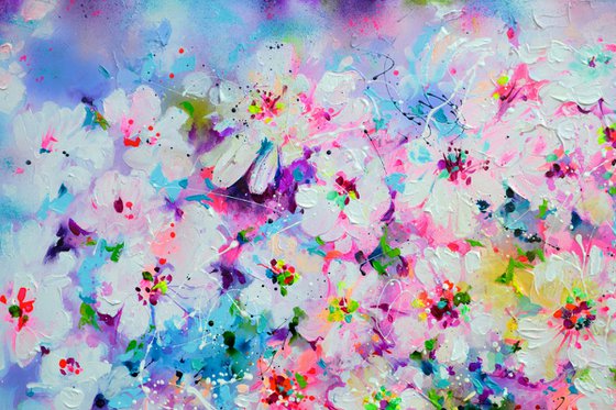 Pink Cherry Tree Flowers - Sakura Colorful Blossom - 120x100 cm, Palette Knife Modern Ready to Hang Floral Painting - Flowers Field Acrylics Painting