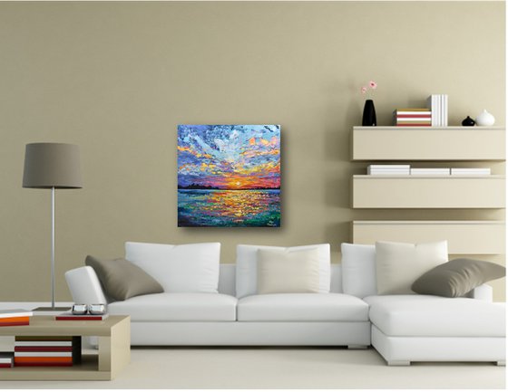 Magical Sunset - Original Sunset Painting on Canvas, Heavy impasto seascape artwork