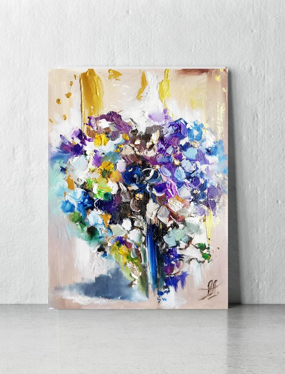 Blue flowers painting, Original artwork, Heart painting