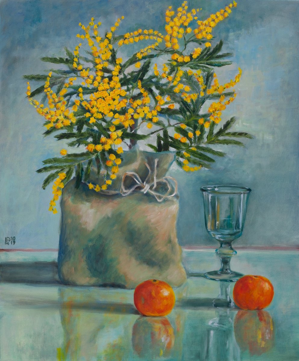 Impressionistic Still Life Oil Painting By Liudmila Pisliakova, 20 X 24", Still Life With Mimosa, Original Artwork