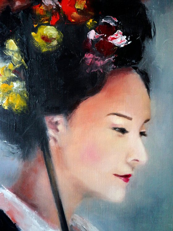 Japanese girl in a kimono oil painting on canvas
