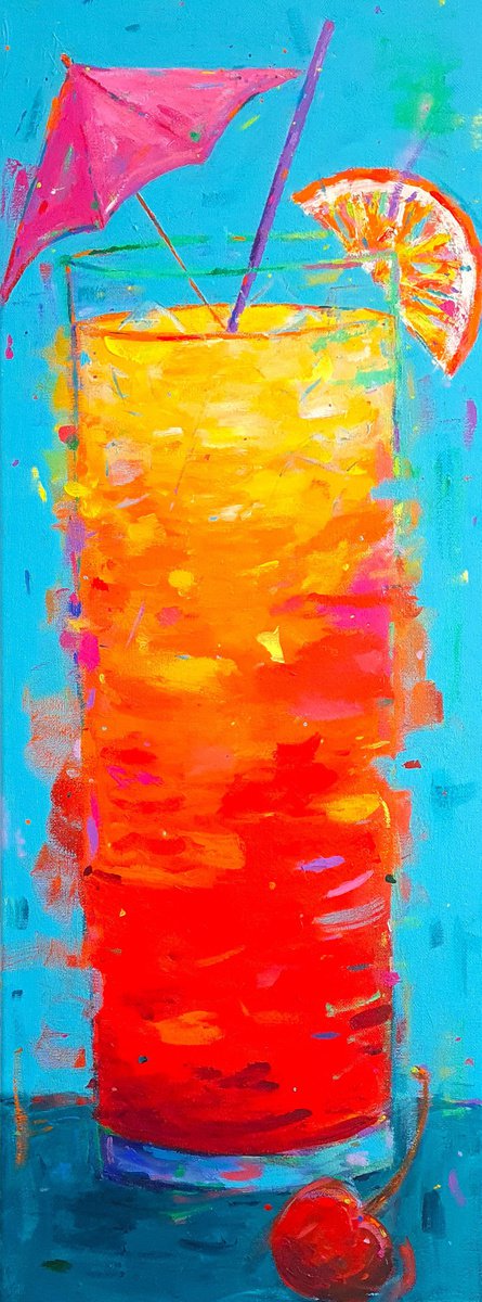 Impressionistic Still Life Acrylic Painting By Dawn Underwood, 12 X 31, Tequila Sunrise, Original Artwork