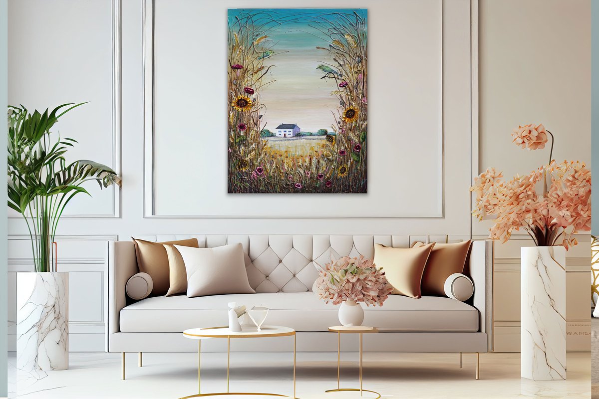 Organic Landscape Acrylic Painting By Amanda Dagg, 30 X 40, Welsh Cottage Serenity, Original Artwork