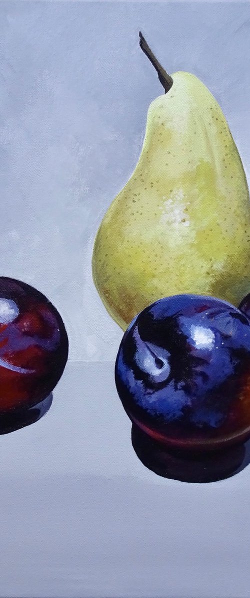 Still life plums and pear by Joseph Lynch