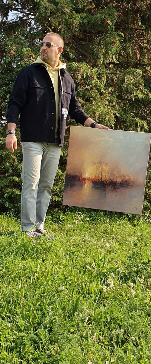 " Harbor of destroyed dreams - Hazy morning " W 70 x H 70 cm by Ivan  Grozdanovski