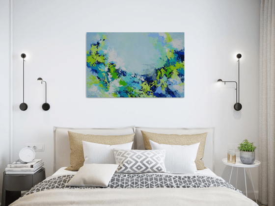 Large Abstract Painting on Canvas 3D with Texture. Bright Colors, Blue Green White Violet Red Turquoise Teal, Bold Modern Art with Brush Strokes