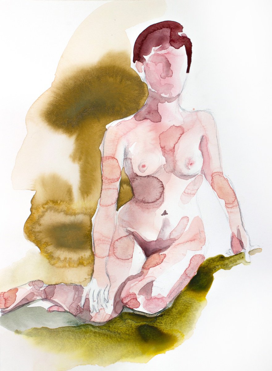 Expressive Portrait Watercolour By Elizabeth Becker, 11 X 15, Nude No. 102, Original Artwork