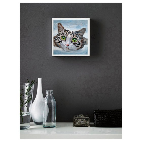 Tabby Cat Painting Pet Original Art Grey Cat Portrait Artwork Funny Animal Wall Art