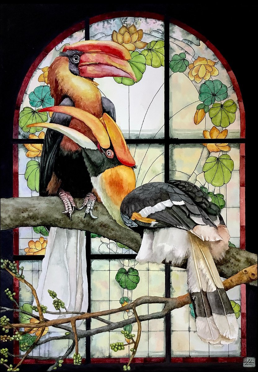 Animal Watercolour By Lisa Lennon, 11 X 17", Great Hornbills, Original Artwork