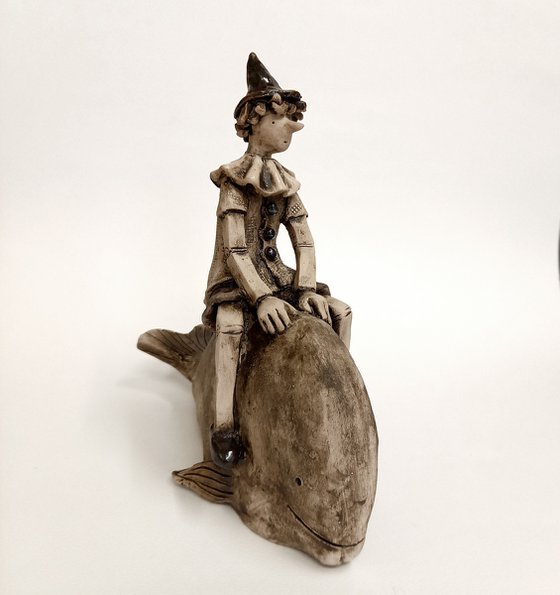 Pinocchio and the Whale, ceramic sculpture by Izabell Nemeckek