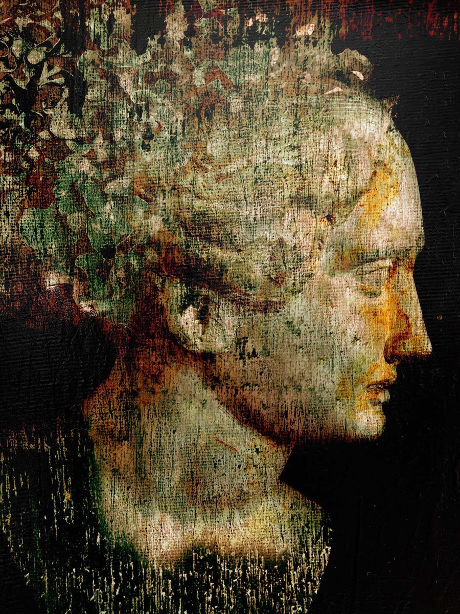 Expressive Portrait Acrylic Painting By Dario Moschetta, 24 X 31, Golden Echo, Original Artwork