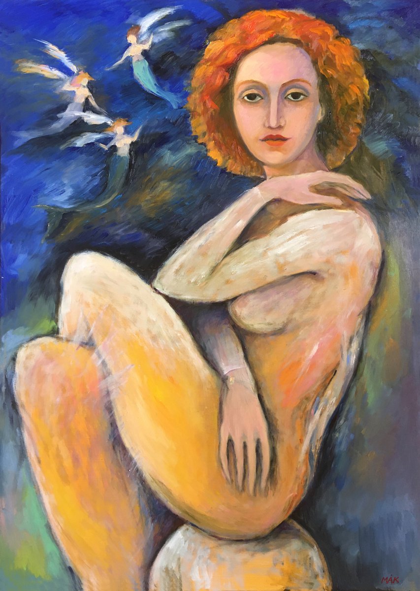 MONA LISA - a woman sitting on a ball navy blue sea sky mermaid gift idea home decor by Irene Makarova