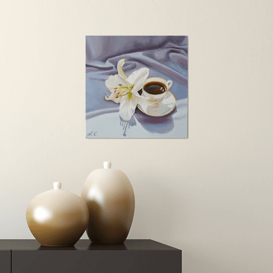 "A small cup of aromatic coffee. "  still life summer  white liGHt original painting  GIFT (2021)