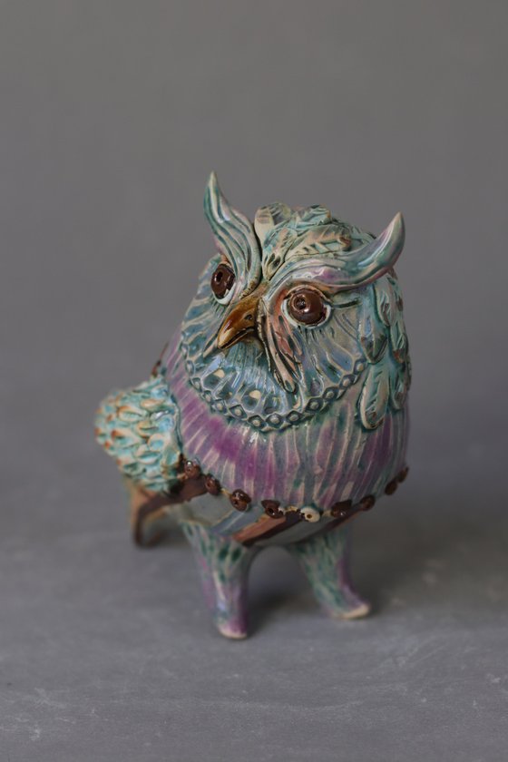 Tender Owl in Blue. Ceramic OOAK sculpture.