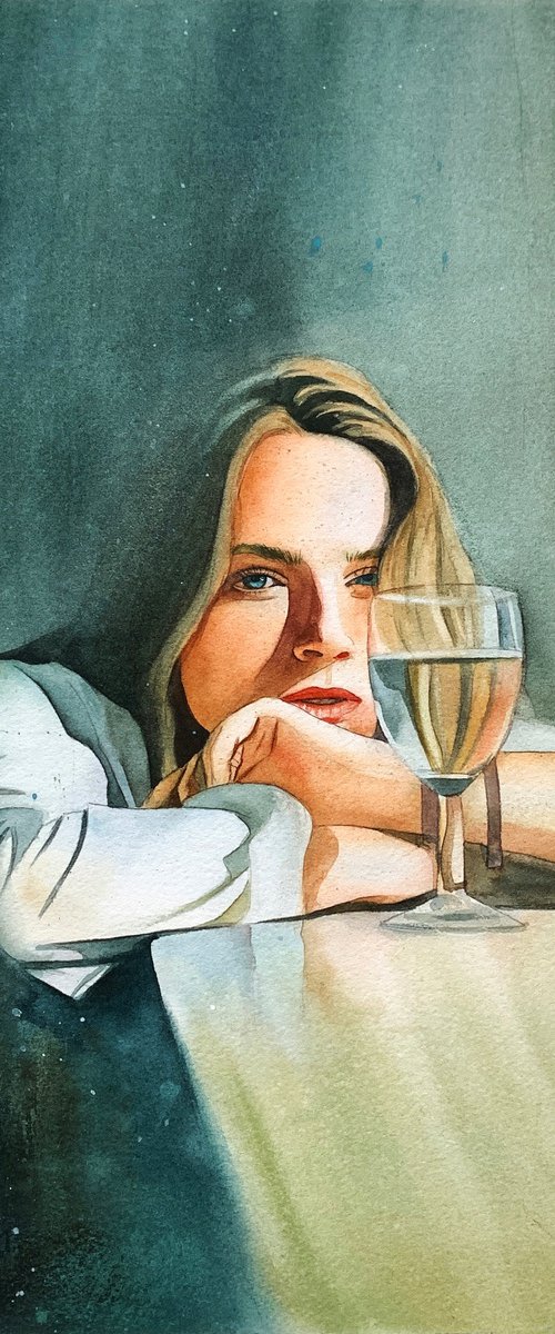 A woman with a glass of wine by Tetiana Koda