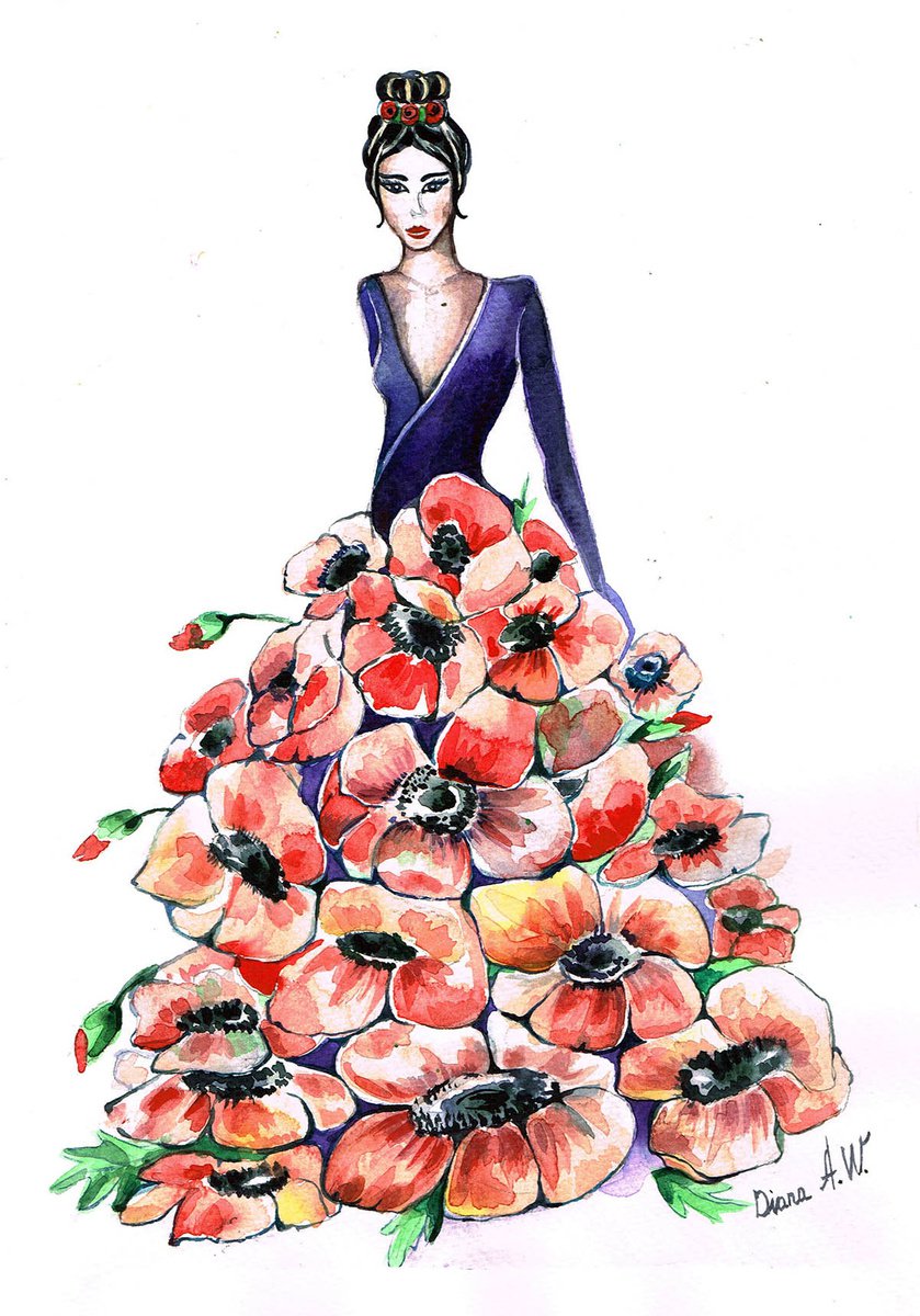 Lady in Red Poppy Dress by Diana Aleksanian