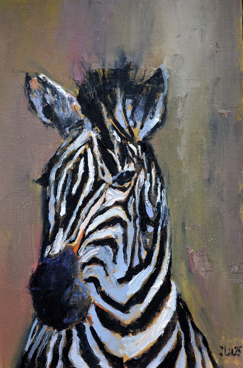 Impressionistic Animal Oil Painting By Elena Lukina, 8 X 12, Zebra Portrait, Original Artwork