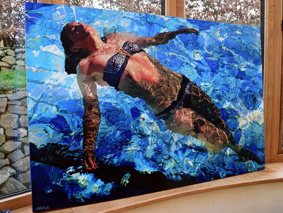 Adrift II - Extra large, statement swimming pool painting