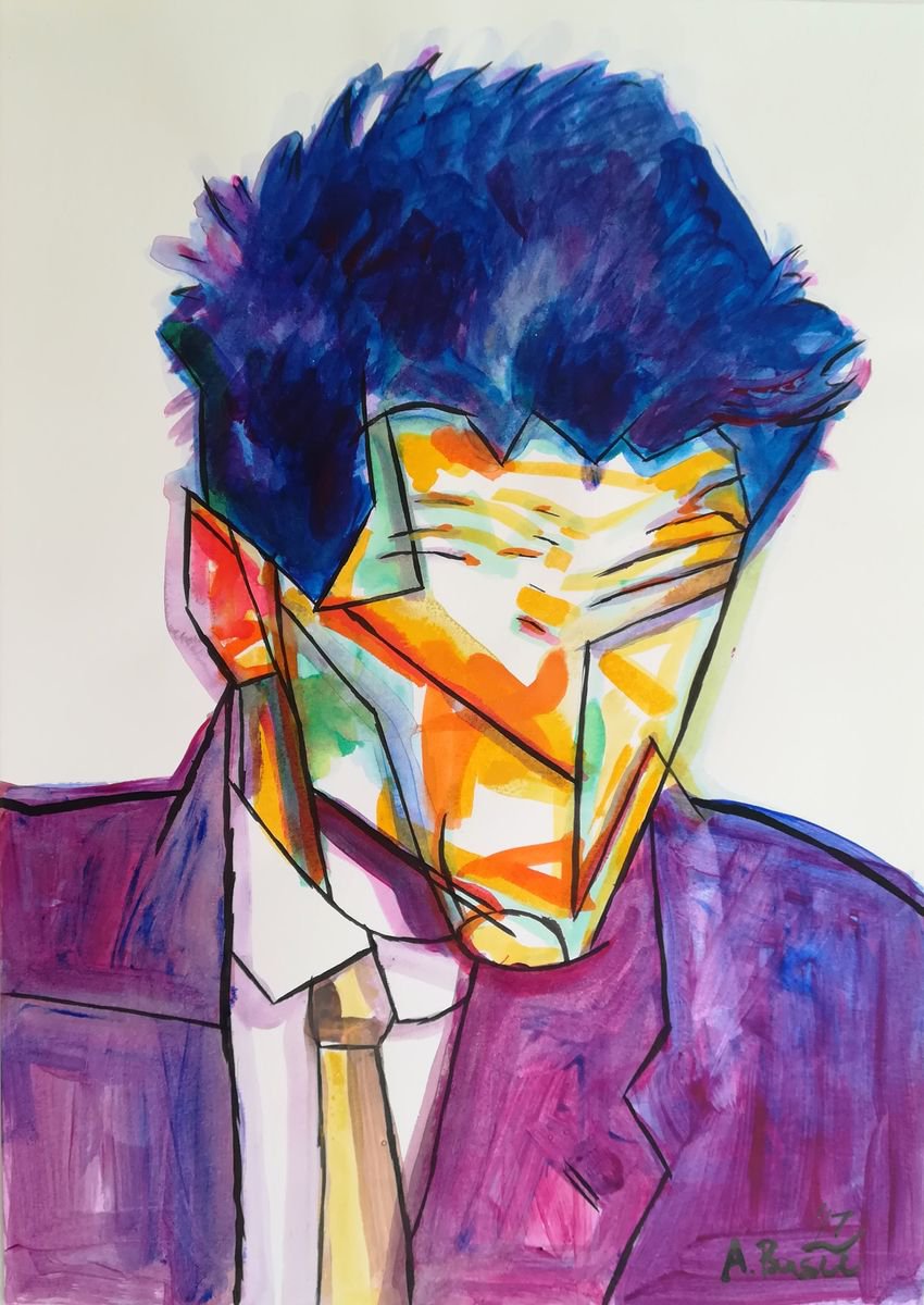 Geometric Portrait Painting By Aleksandar Basic, 12 X 17, Egon Schiele, Original Artwork