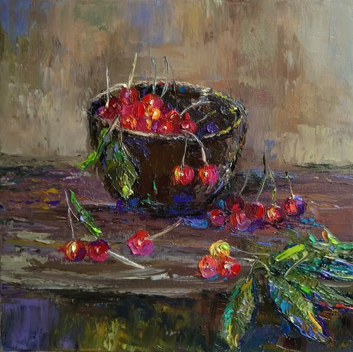 Still life - Cherries․ 30x30cm, oil painting, ready to hang by Kamsar Ohanyan