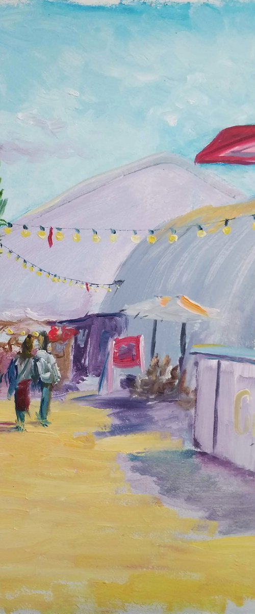 The food court at the city festival. Pleinair painting by Dmitry Fedorov