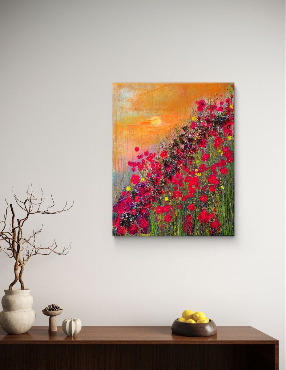 Abstract Landscape Painting By Henrieta Angel, 16 X 20, Sunset In The Poppy Fields, Original Artwork