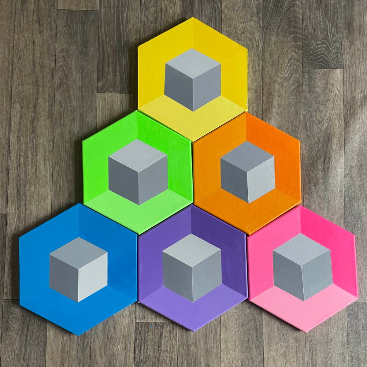 Geometric Abstract Acrylic Painting By Dominic Joyce, 12 X 12, Op Art Hexagon Canvas Set, Original Artwork