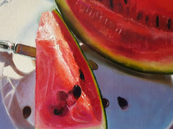 "Juicy slices"  still life summer watermelon liGHt original painting  GIFT (2019)