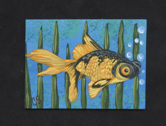 ACEO ATC Original Painting Fantail Fancy Goldfish Pet Fish Art-Carla Smale