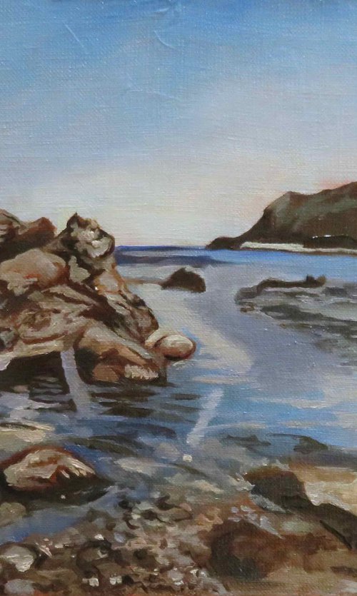 Portbou  Cove, Seascape, Orignial Oil Painting by Anne Zamo by Anne Zamo