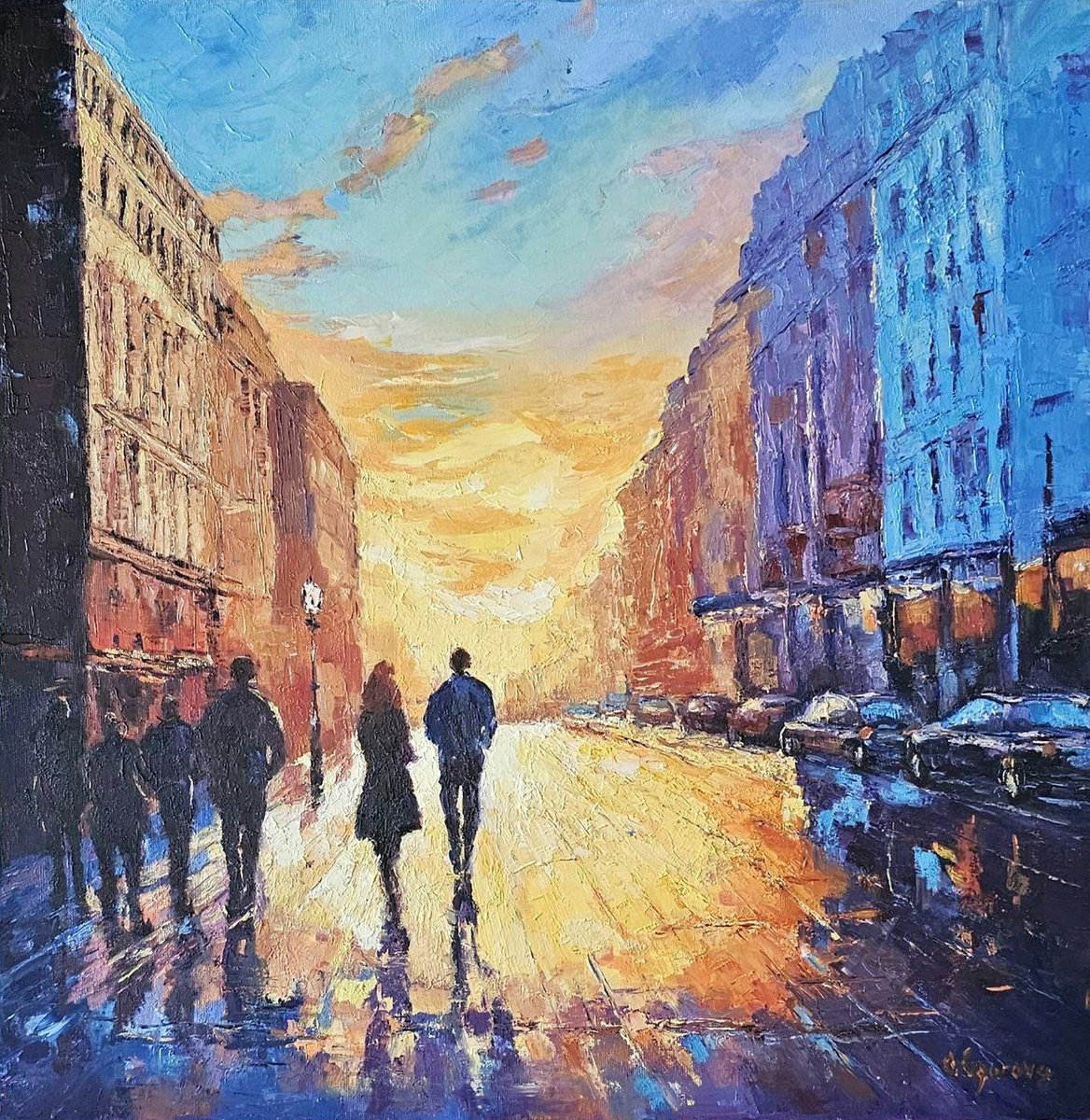 Impressionistic Cityscapes Oil Painting By Olga Egorov, 24 X 24", Throught The Sunset, Original Artwork
