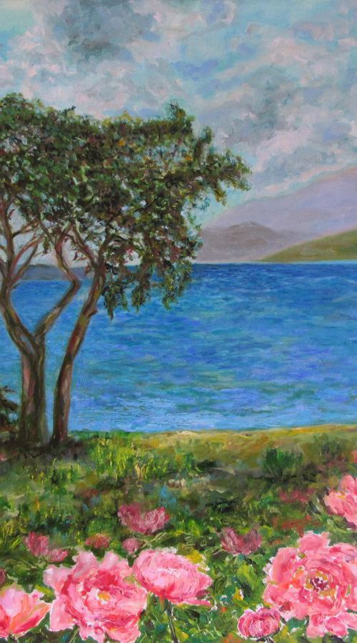 Summer breeze-Large Original Oil Painting Landscape Seascape Tree See Floral Field Hill Impressionism Modern Office Home Art Decor Painting  80x60 cm (31.5x23.6 in) by Katia Ricci