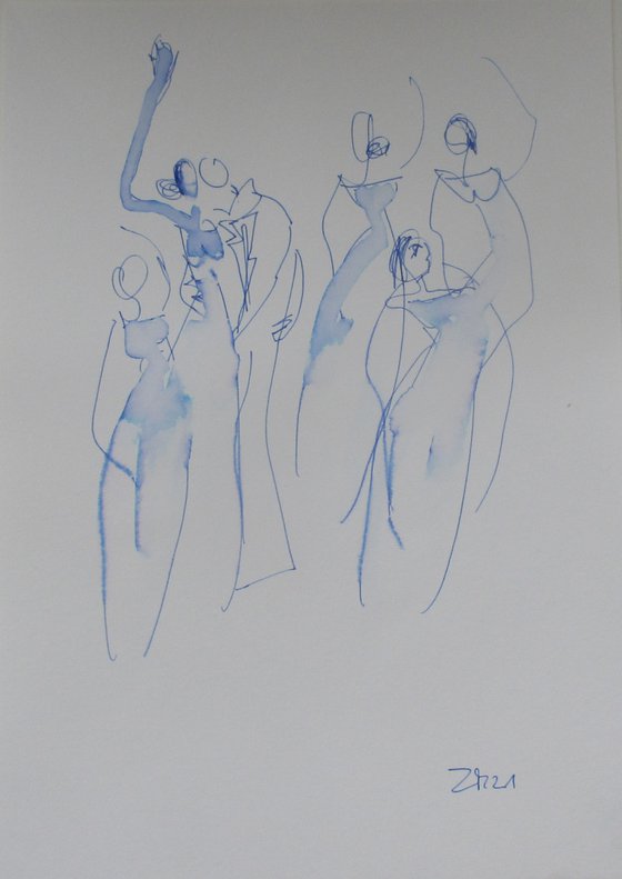 dancing girls in blue 8,2 x 11,4 inch unique mixedmedia drawing