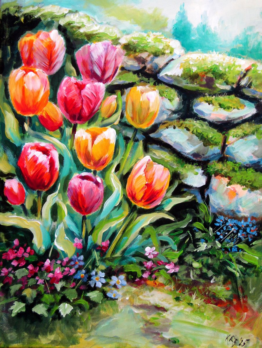 Tulips In The Garden By Kovacs Anna Brigitta, 12 X 16, Artwork For Sale On Artfinder