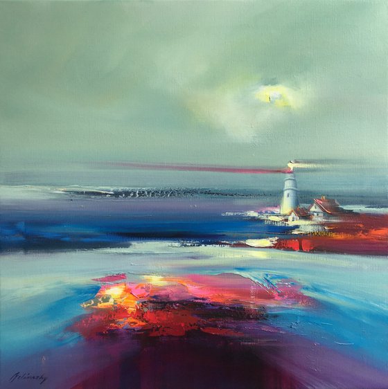 Far away - 60 x 60 cm, abstract landscape oil painting in purple and pink