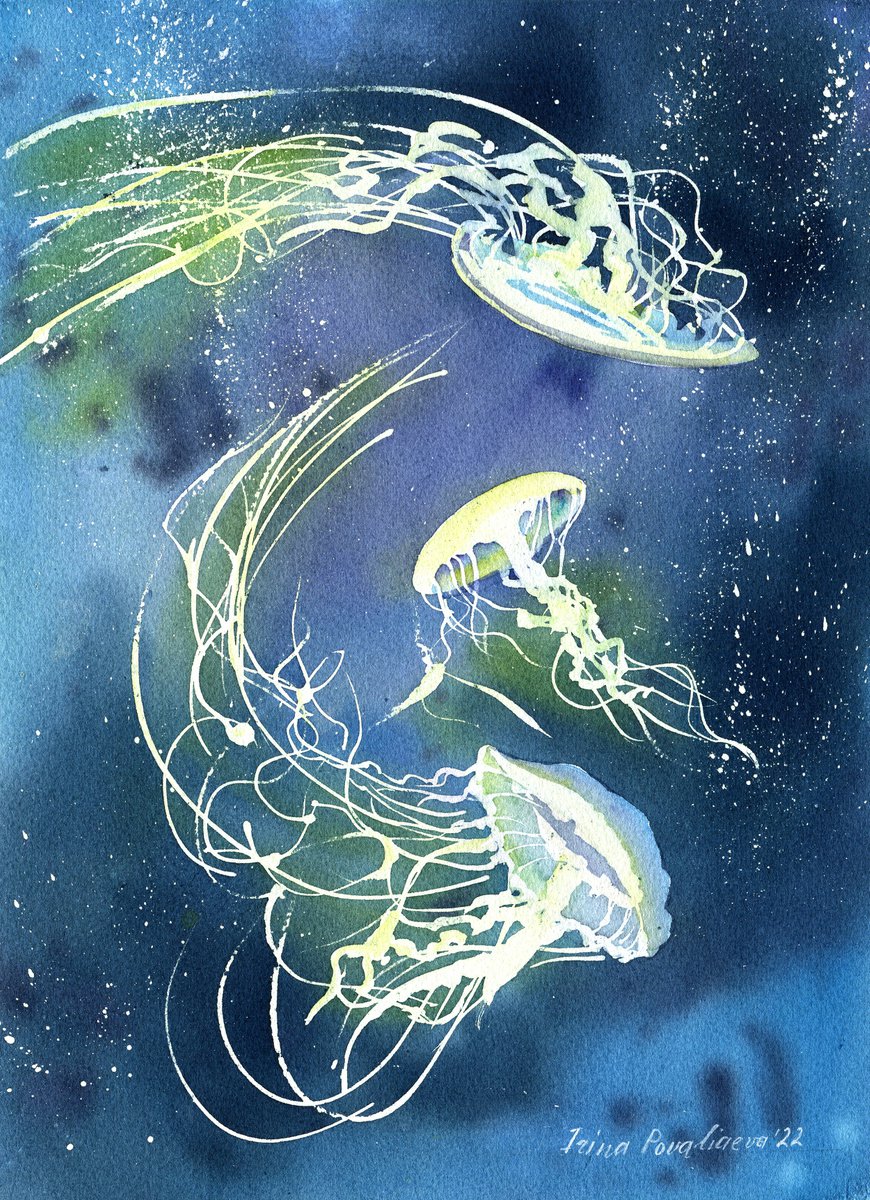 Nautical paintings with glowing jullyfishes sea animals artwork waal decor for kids room by Irina Povaliaeva