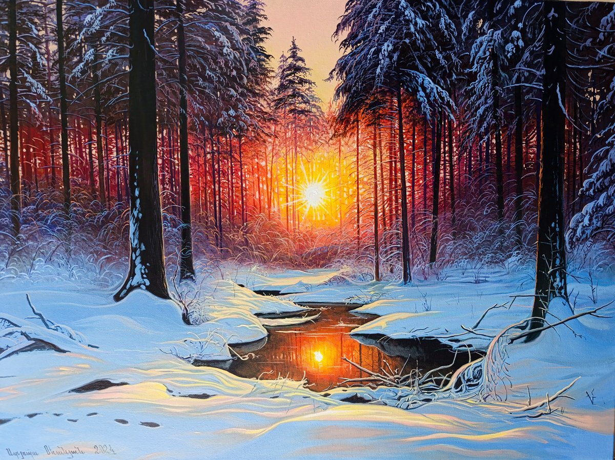 Photorealistic Landscape Oil Painting By Stepan Ohanyan, 31 X 24", Sunrise In The Frozen Forest, Original Artwork